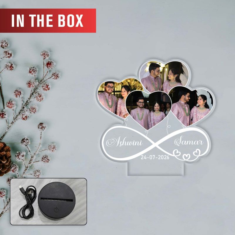 Personalized Infinity Heart LED Photo Lamp Anniversary & Wedding Gift for Couples, 3D Acrylic Photo Frame with 4 Photos, Names & Special Date Warm White Light Table Decor